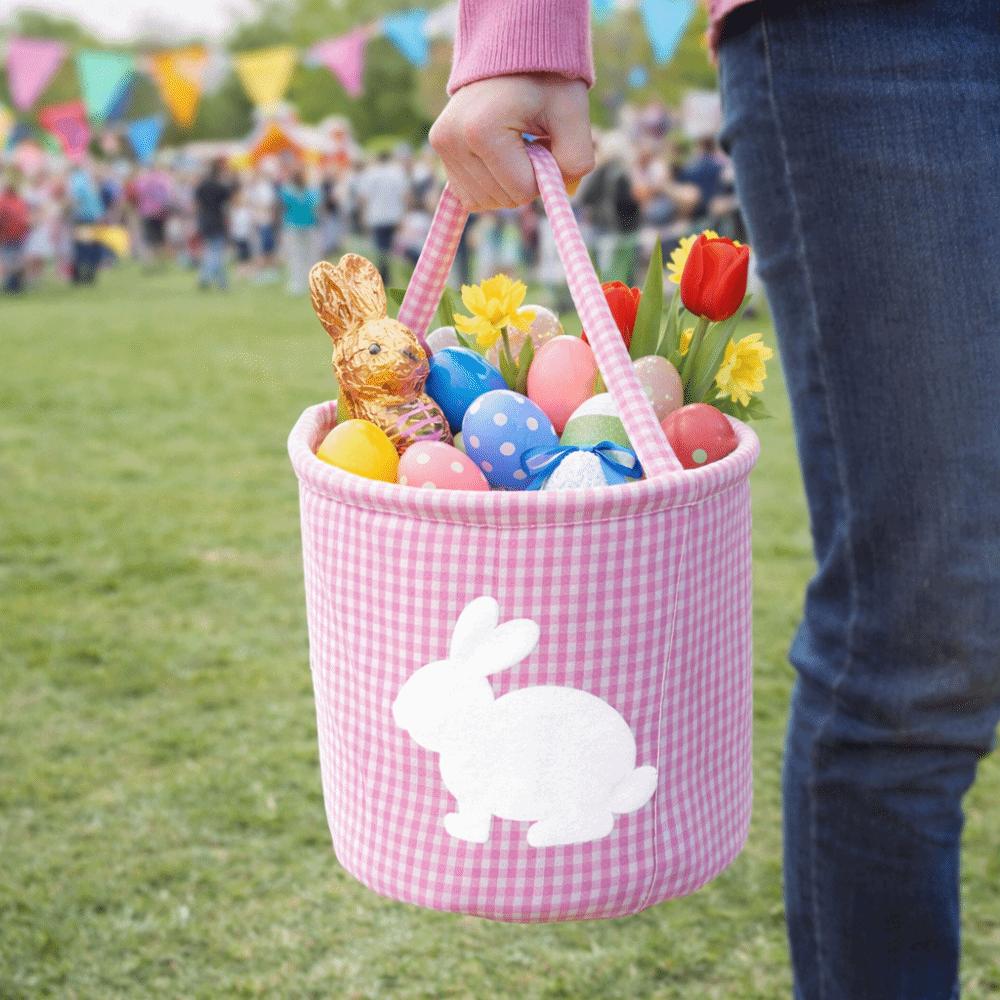 Cute Embroidery Easter Rabbit Basket Plaid Tote Style Easter Egg Hunt Basket Cloth Decorative Tote Plaid Basket Easter Egg Hunt
