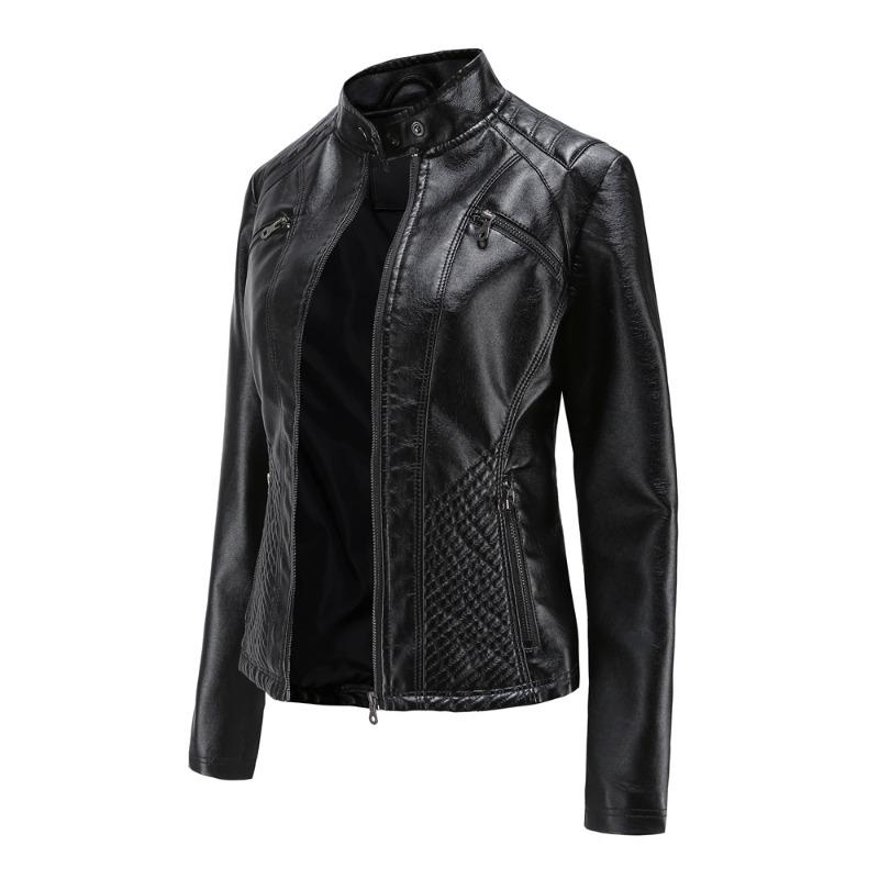 Neue Damen Freizeit Lederjacke Stehkragen Jacke Schlanke Jacke Damen Einfarbig Damen Lederjacke