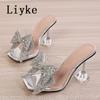 Fashion Liyke Fashion Crystal Sequined Bowknot Women Slippers Sandals Strange Style Clear Heels Open Toe PVC Transparent Shoes Size 46