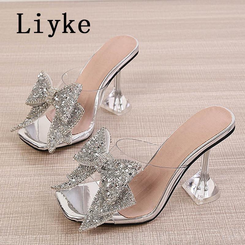 Fashion Liyke Fashion Crystal Sequined Bowknot Women Slippers Sandals Strange Style Clear Heels Open Toe PVC Transparent Shoes Size 46