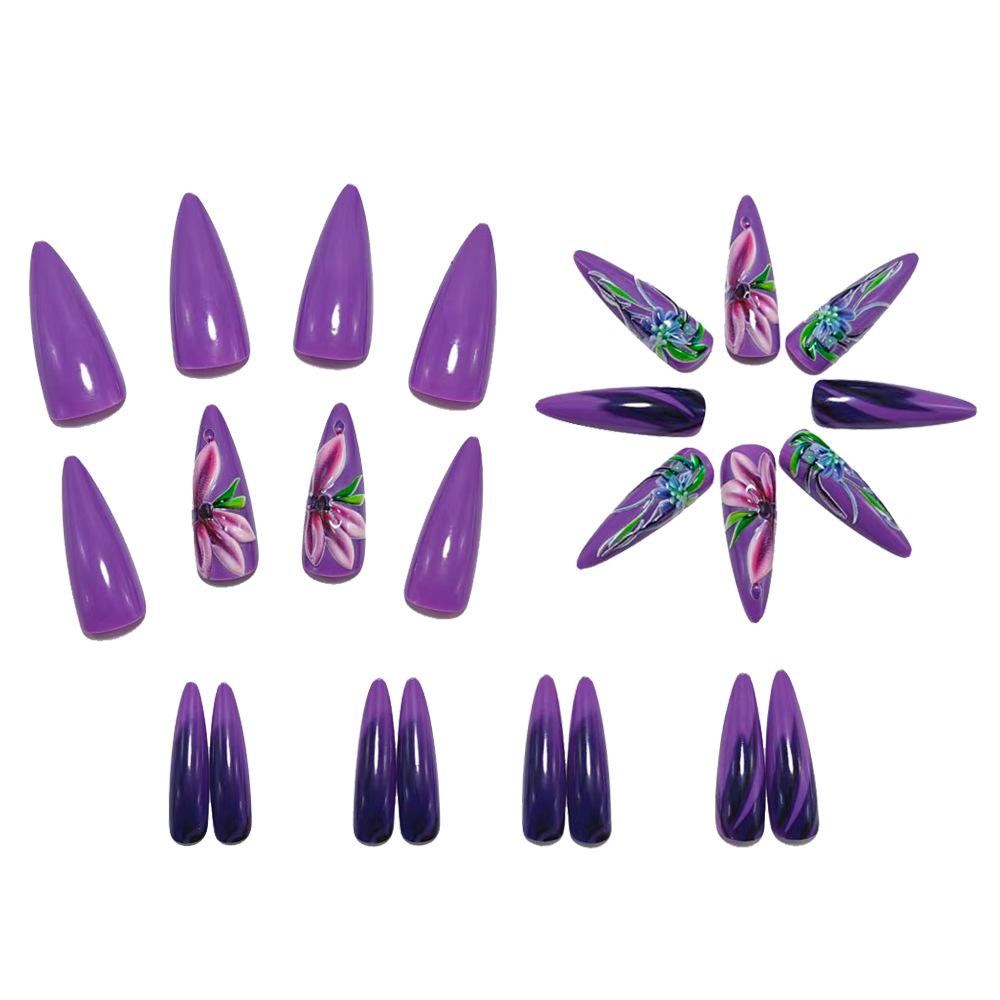 3D Geprägte Lange Stiletto Falsche Nägel Einfarbig Lila Süßes Blumendesign Aufdrücknägel 24 Stück Maniküre-Set