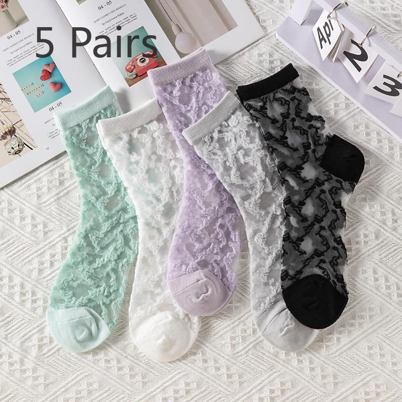 5 Pairs of Women's Summer Super Thin Polka Dot Cotton Sole Anti Hook Embroidered Clear Crystal Stockings