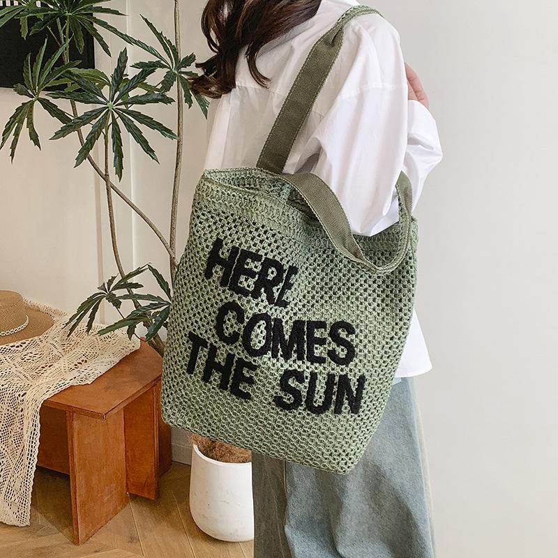 Mesh Tote Bag Women Summer Beach Handbag with Bold Lettering Casual Everyday Shopping Bag