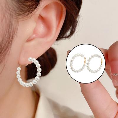 Pair Huggie Earrings Faux Pearl Round Shape Exaggerated Solid Color Anti-allergy Lightweight Stainless Ear Decoration Jewelry Earrings