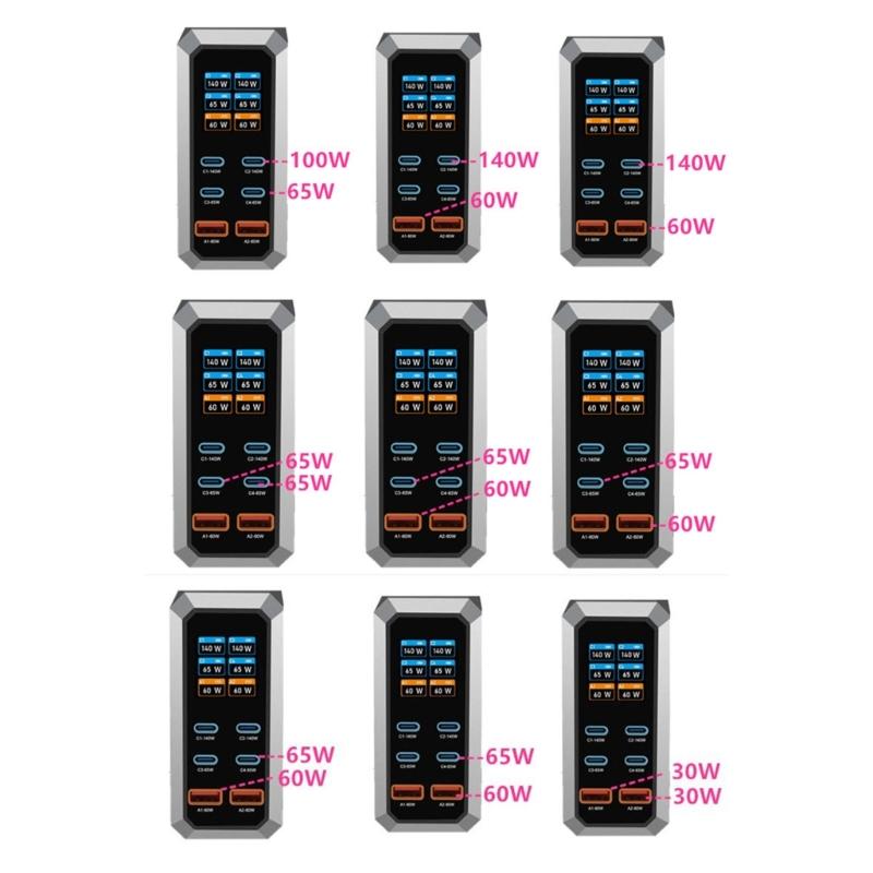 240W Charging Adapter 6 In 1 140W USB Type C Digital Display Fast Charging Station for Mobile Phone Laptop Electronics