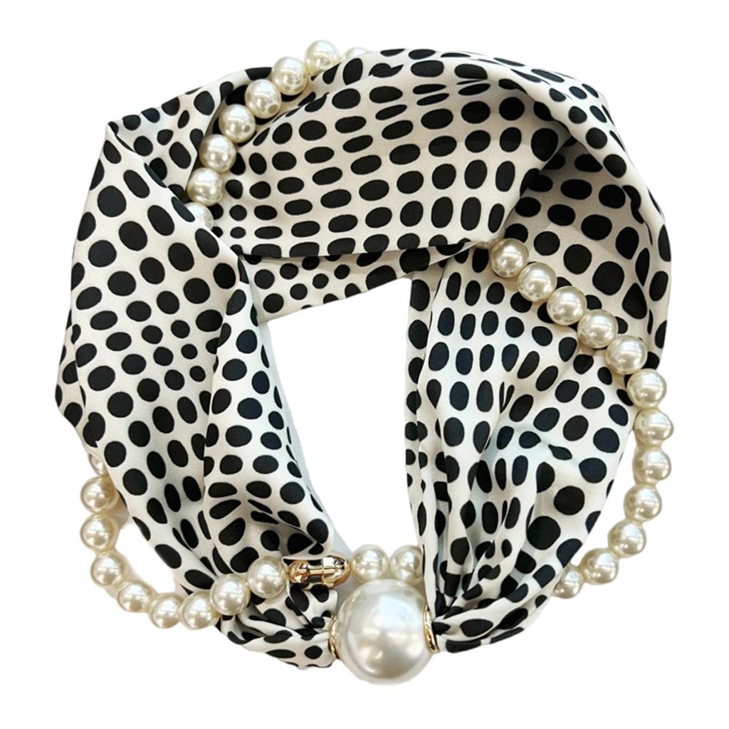 Magnetic Clasp Pearls Chain Necklace Floral Satins Scarf Elegant Silk Skinny Narrow Neckerchief for Fashionable Women