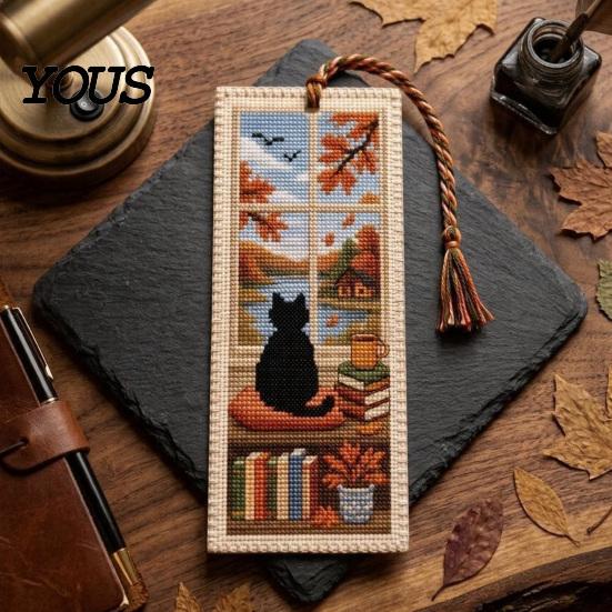Retro Bookmark DIY Stitch Kit for Adults Beginners, Seasonal Cat Reading Accessory Handmade Embroidery Kit, Gifts Lovers, Readers Artistic