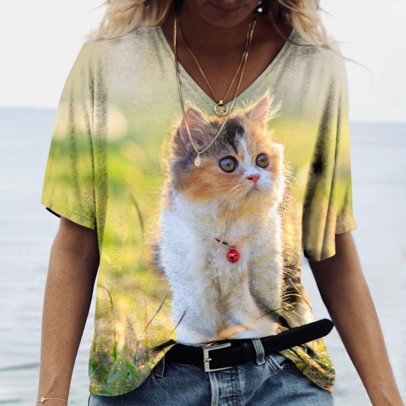 Summer V-neck 3D Kawaii Cat Printed Top Fashionable Casual Short Sleeved Women's T-shirts