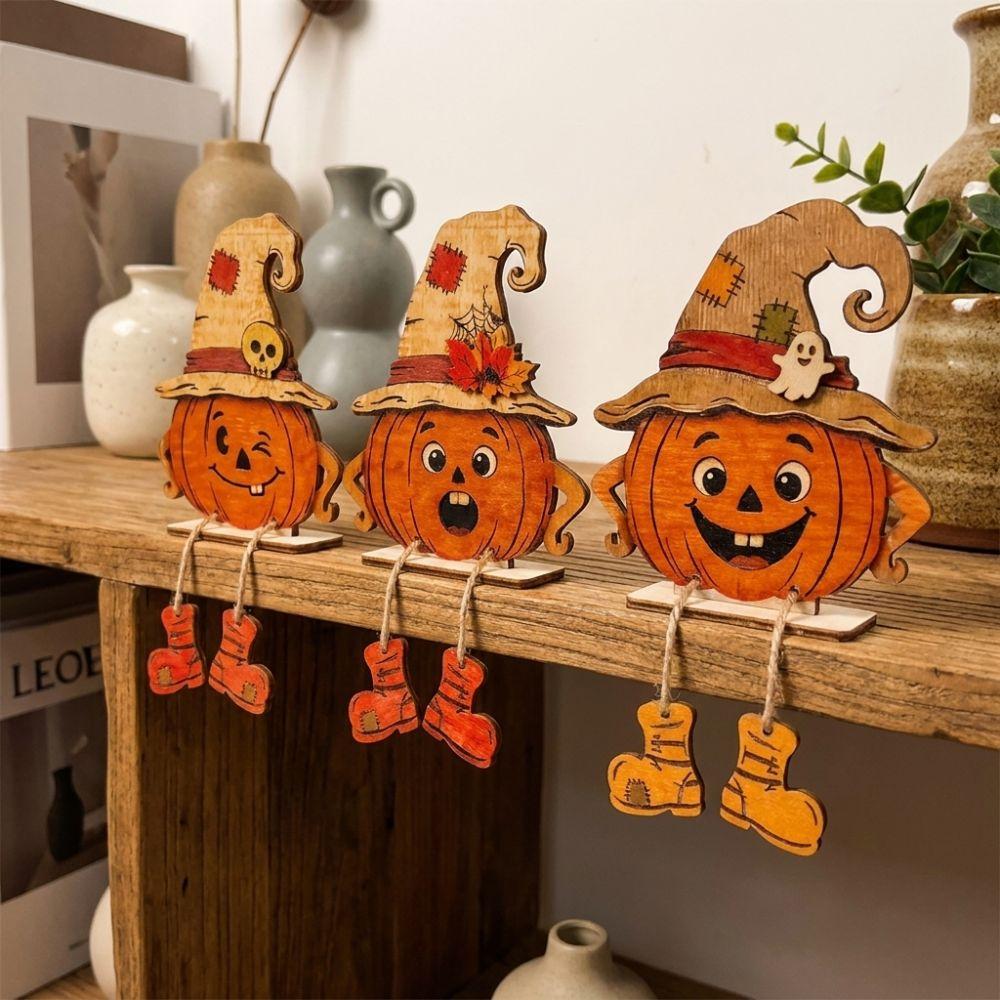 3Pcs Vintage Pumpkin-Shaped Wooden Ornaments 2D Flat Face Pumpkin Display Decor Holiday Gifts