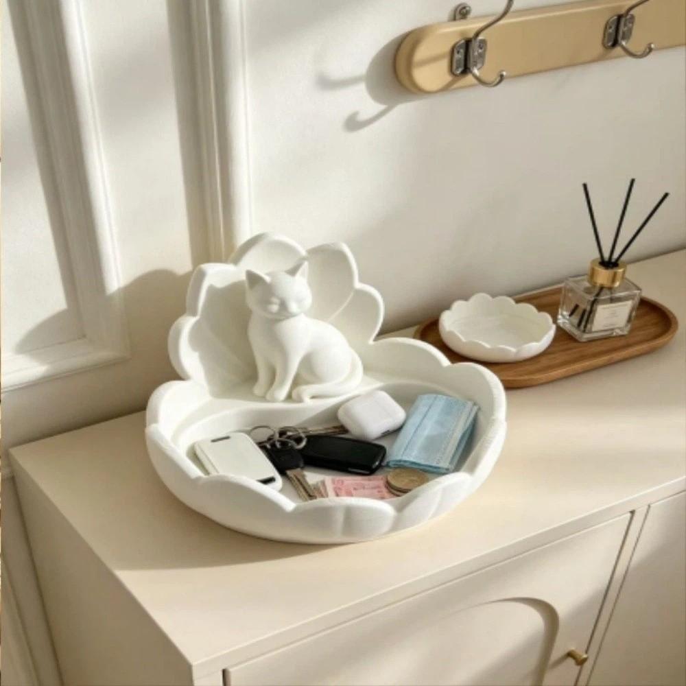 Lotus Shape Trinket Dish Resin Material Desktop Organizer Cat Figurine Holder  Vanity Table Decor