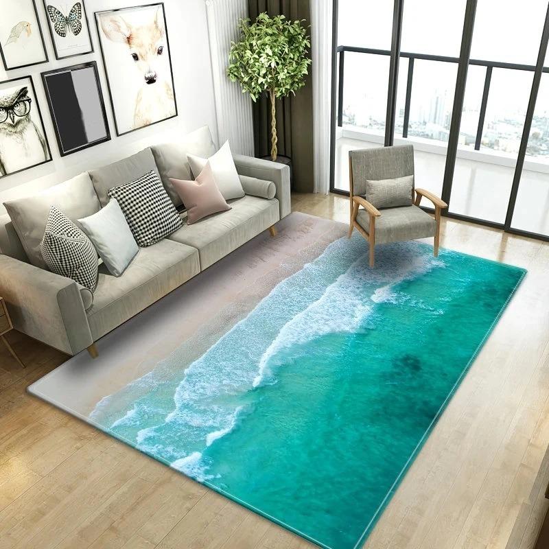 Seaside Style Carpet Ocean Wave Pattern Blue Green Color Washable Rug for Living Room Bathroom Coastal Home Decor