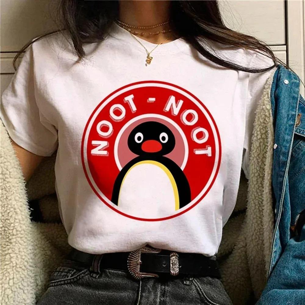 Funny Pingu Print Women's T-Shirt Unique Casual Cute Street Short-Sleeve T-Shirt Breathable Women's Top Kawaii Clothing