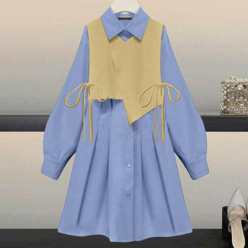 

ZANZEA Женское повседневное платье в стиле пэчворк с отложным воротником и длинным рукавом свободного кроя 5XL хаки