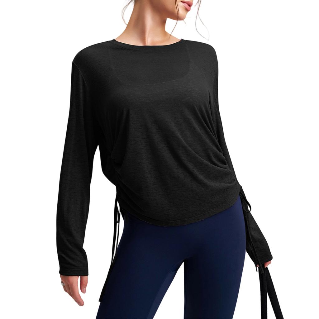 Women's Loose,Fit Breathable Side Drawstring Long,Sleeve Cover,Up Yoga Top