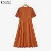 ZANZEA Elegant Ladies Round Neck Short Sleeve Collect Waist Patchwork Lace Dress