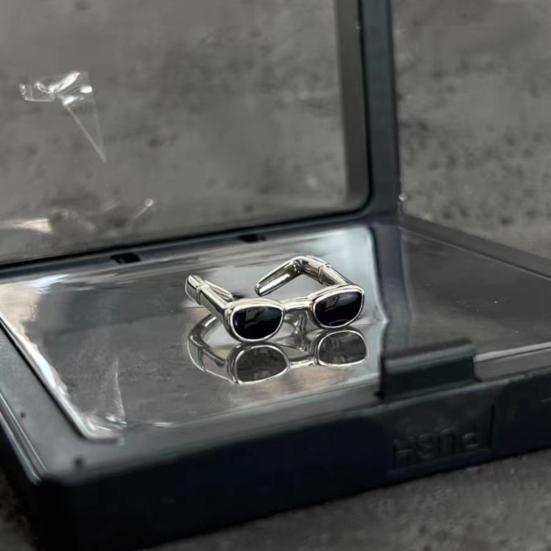 2 Pcs Couple Rings Sunglasses Shape Rhinestone Decor Adjustable Polished Open Ring Alloy Anniversary Gift Finger Jewelry