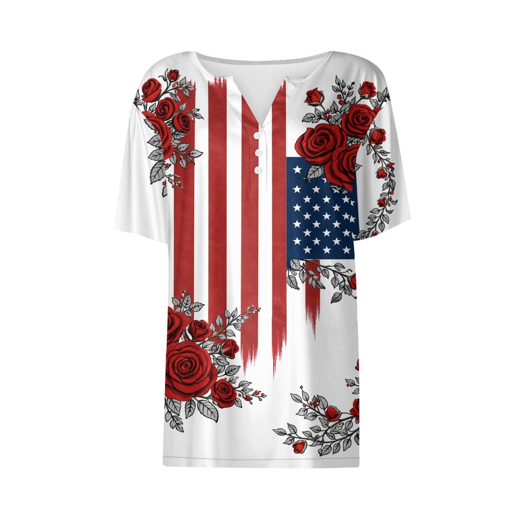 Women's fashionable casual short-sleeved Independence Day print V-neck top