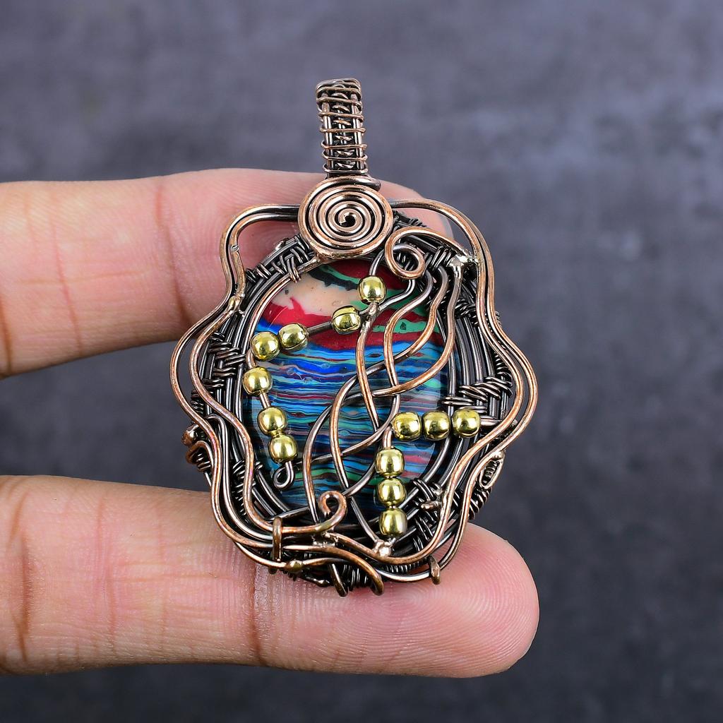 Rainbow Calsilica Gemstone Handmade Copper Wire Wrap Jewelry Pendant 2.29" T9A61