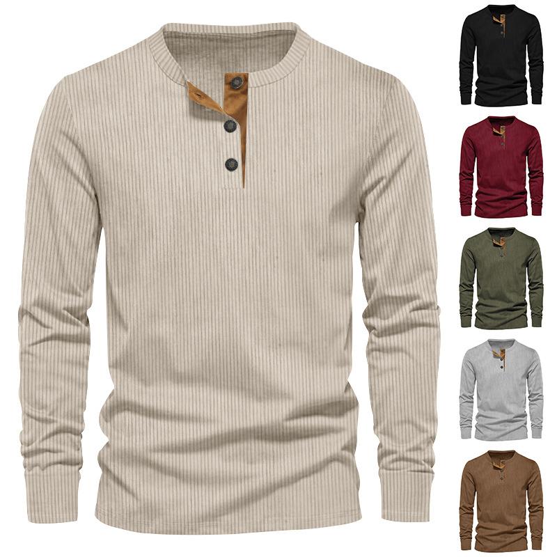 Mens Corduroy Henley Long Sleeve Slim Fit Solid Color Casual T Shirt