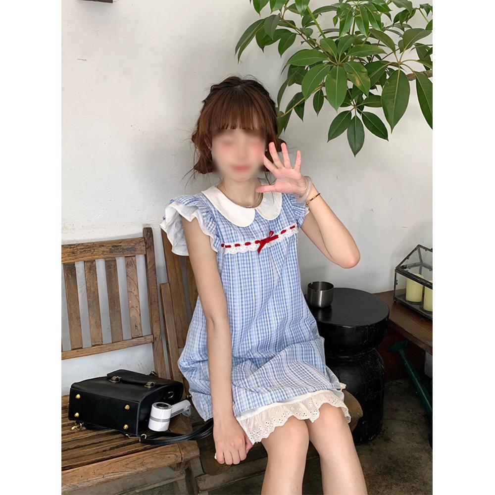 Sweet and cute little fly sleeve nightdress women's summer Japanese plaid lace edge doll collar dress loungewear set