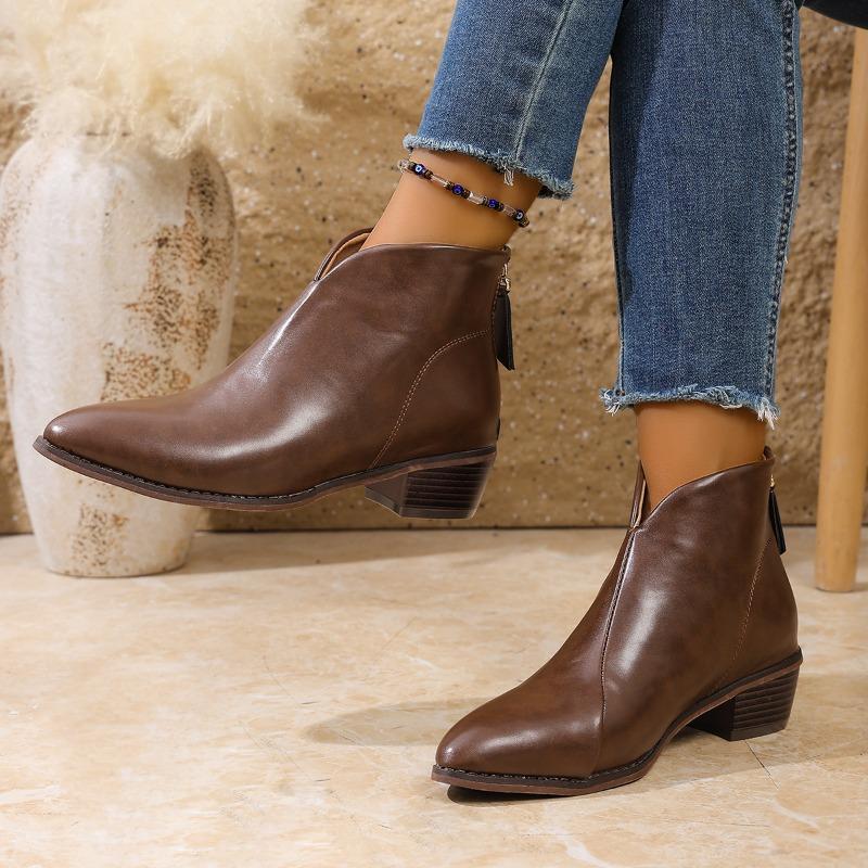 Damen Stiefeletten 2025 Herbst Winter Retro Spitzzehen Chelsea Boots PU-Leder Damen Mittelhoher Blockabsatz Kurze Stiefel Botas Mujer