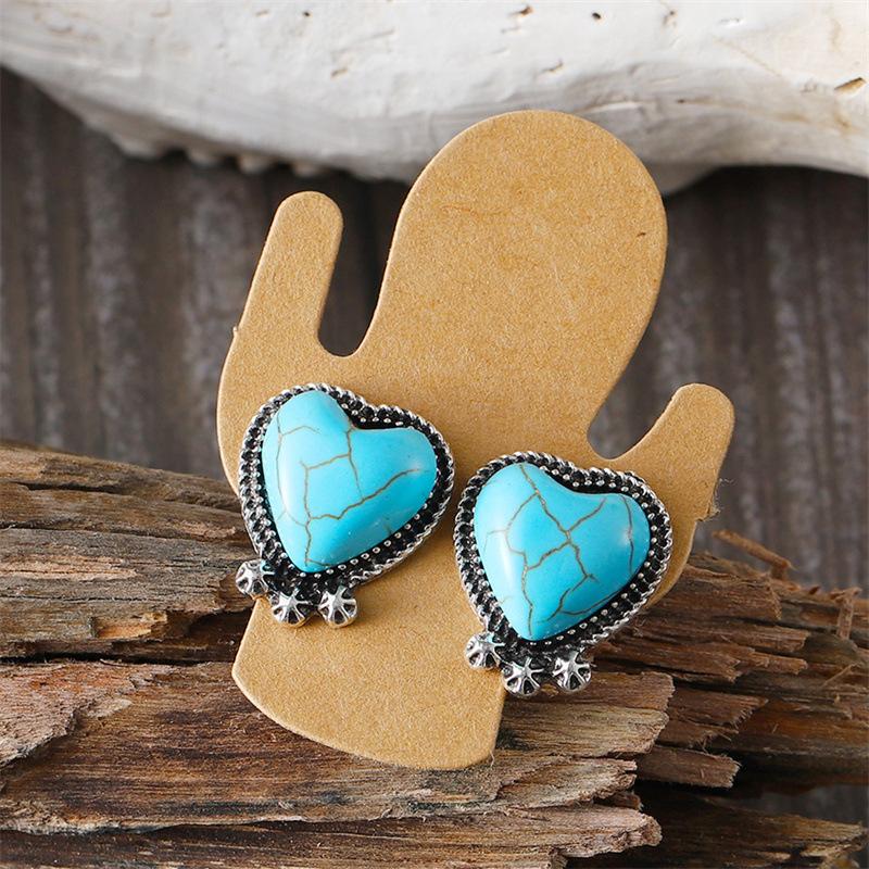 3tlg./Set Damen Böhmischer Vintage Stil Herz Türkis Anhänger Halskette Ohrringe Schmuckset Westernschmuck für Party Abschlussball Kleidung Geschenke