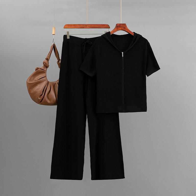 

Knitted Solid Color Loose Zipper Hooded Short Sleeved Top Set Casual Wide Leg Pants Two Piece Set One Size чорний