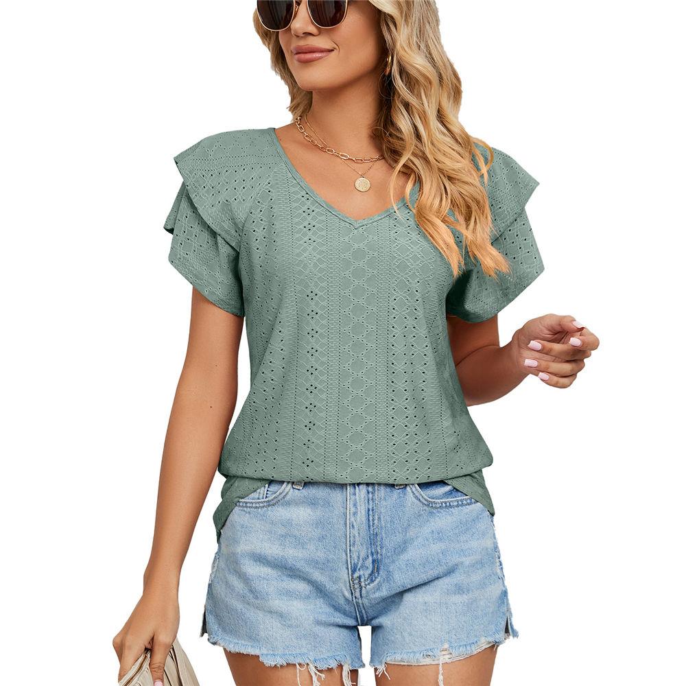Womens Summer Eyelet Tops V Neck Double Ruffle Sleeve Casual Blouse Shirts Loose Fit Tops