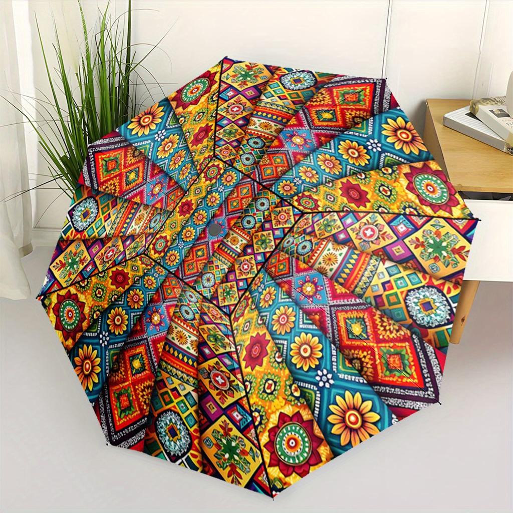 Automatic Folding Umbrella Colorful floral and geometric patchwork pattern. Portable collapsible design, casual outdoor access