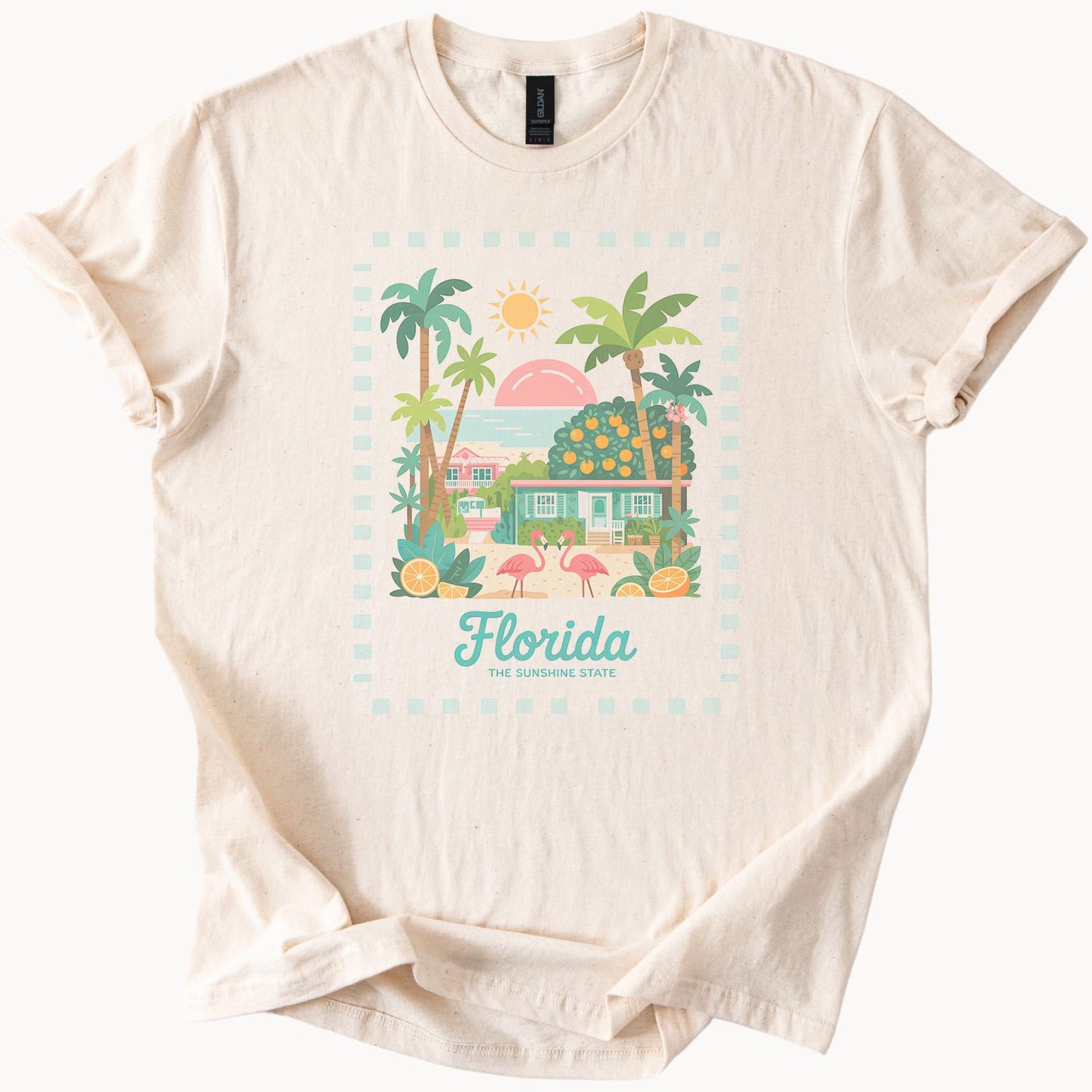 Florida Sunshine State Graphic T Shirt Palm Trees Flamingos Orange House Tropical Sunset Beach Art Soft Comfort Tee Summer Gift 140