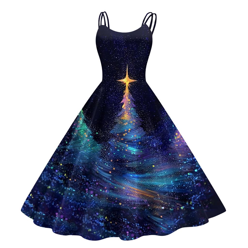 Women's Fashion Casual Christmas Print Sexy Off-the-shoulder Punk Retro Dress
