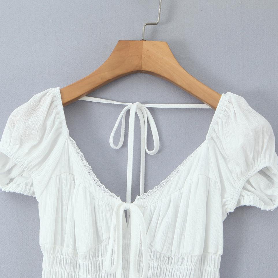 2026 Chic Lace Puff Sleeve Retro V-Neck Backless Evening Dress