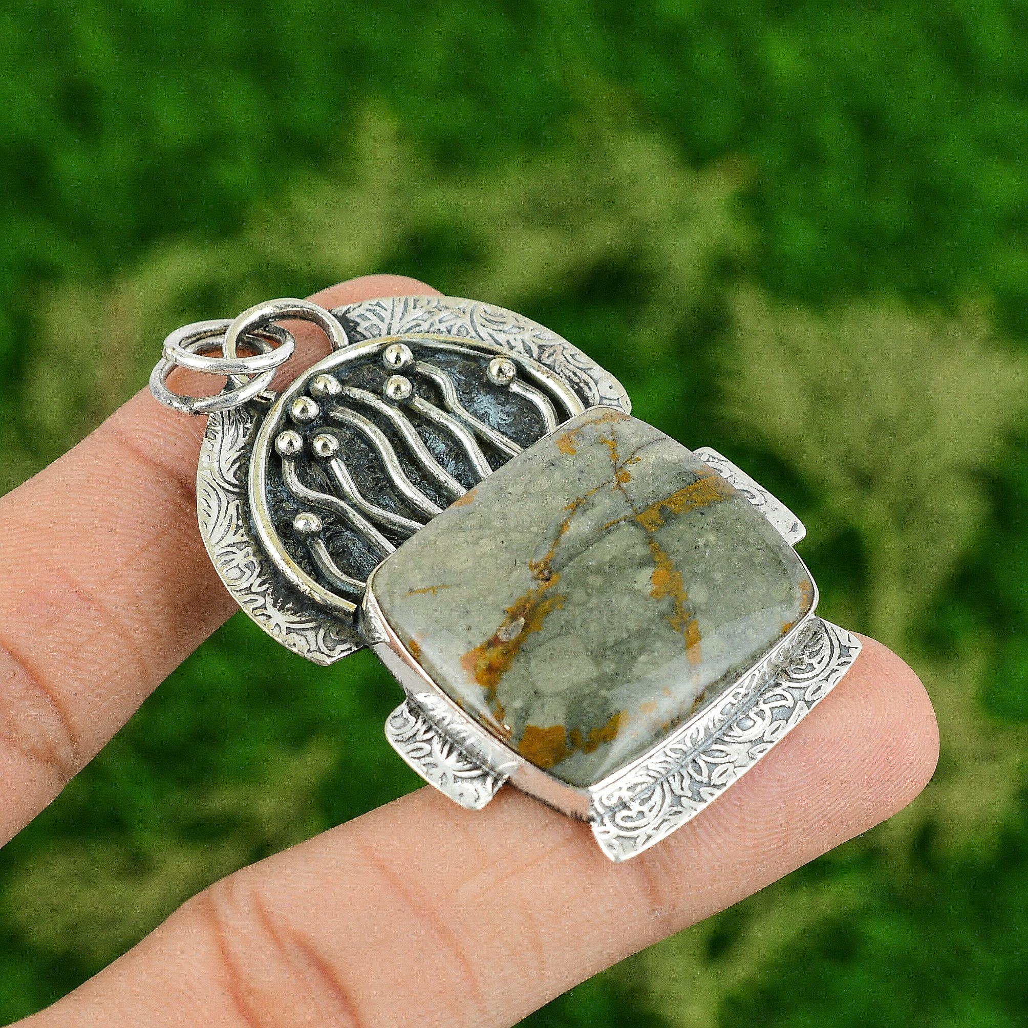 

Radiant Polychrome Jasper Stone Birthday Bezel Unique Pendant Sterling Silver