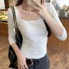 Small luxury sense square collar slim-fit pleated mid-sleeve T-shirt women's new spring and autumn temperament with a base top