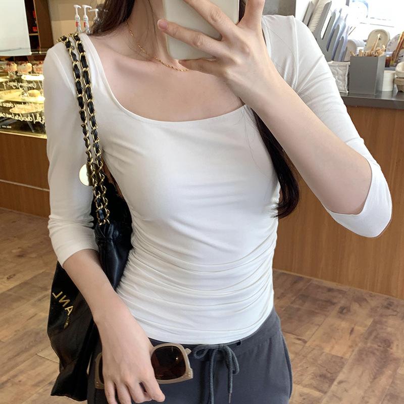 Small Luxury Sense Square Collar Slim-fit Pleated Mid-sleeve T-shirt Women's New Spring and Autumn Temperament with a Base Top