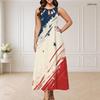 Women Plus Size Round Neck Triple Keyhole Sleeveless Firework Printed Navy Blue Long Dress