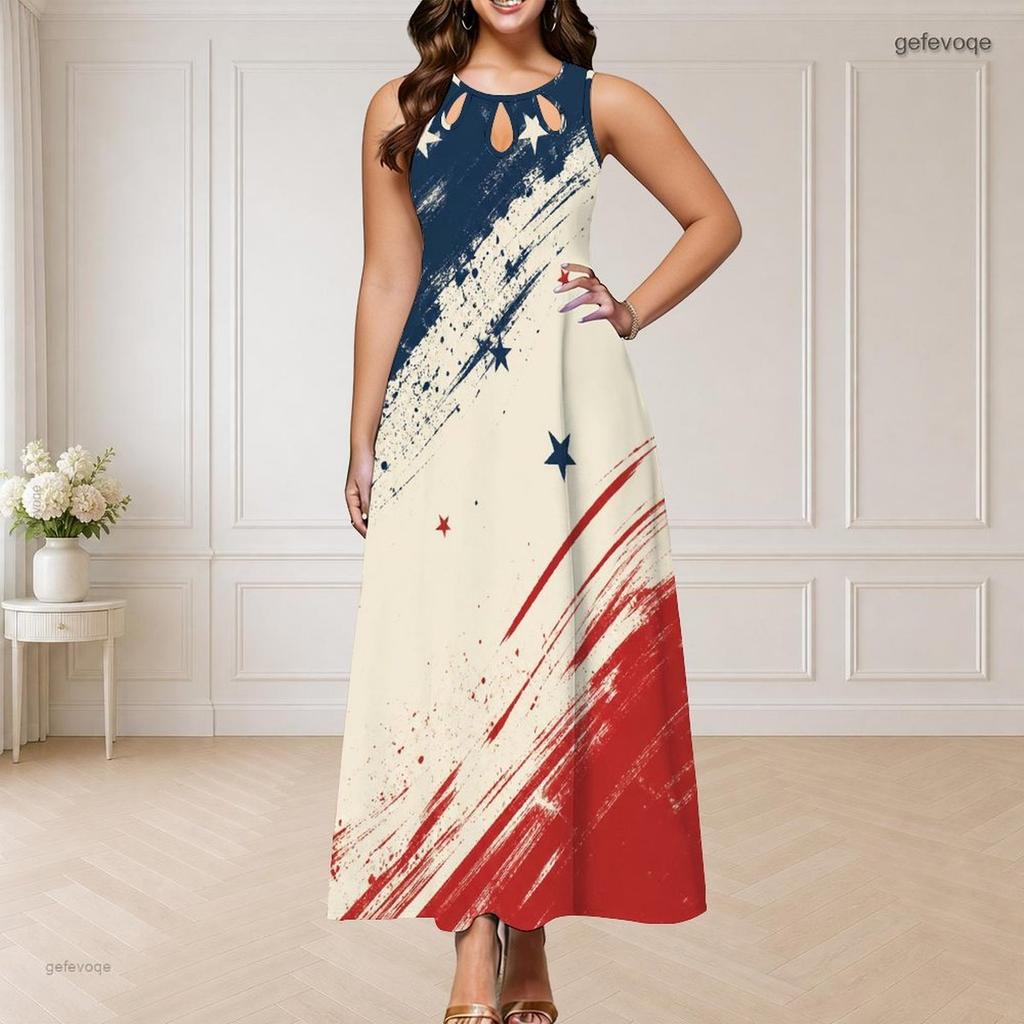Women Plus Size Round Neck Triple Keyhole Sleeveless Firework Printed Navy Blue Long Dress