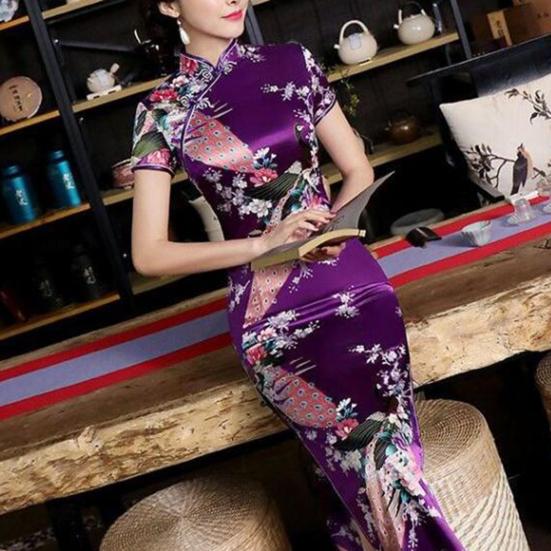 Women Dress Chinese National Style Floral Print Stand Collar Short Sleeves High Side Split Chinese Knot Buttons Cheongsam Satin Silky Slim Fit Summer