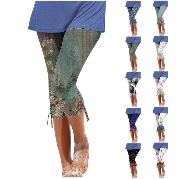 Women Casual Summer Cropped Trousers Elastic Waist Skinny Leggings Printed Cycling Shorts Vacation Pants