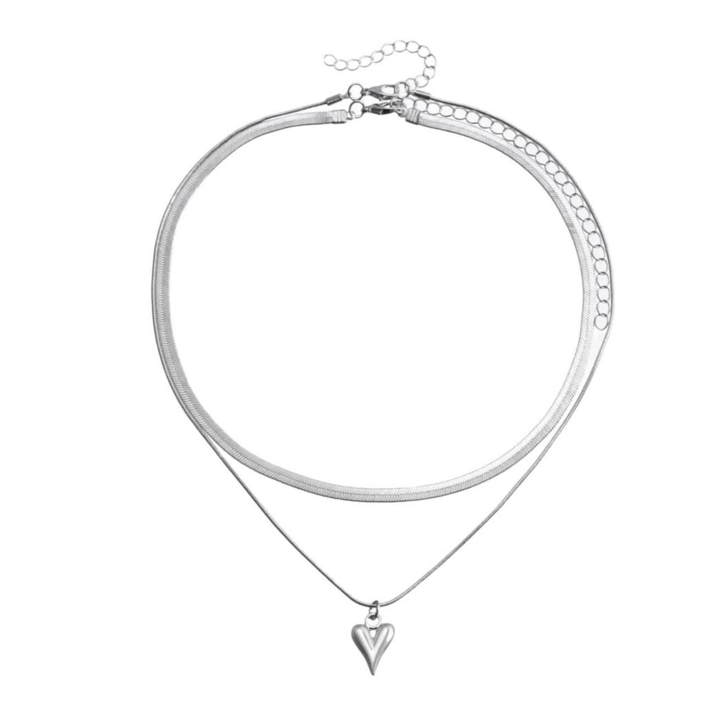 Stylish Double-Layer Heart Pendant Clavicle Necklace with Snake Bone Chain for Women