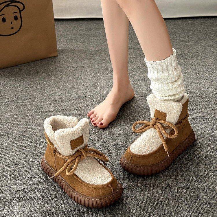 

Модные женские зимние ботинки, замшевые ботинки на толстой подошве, теплые повседневные короткие ботинки на шнуровке с круглым носком