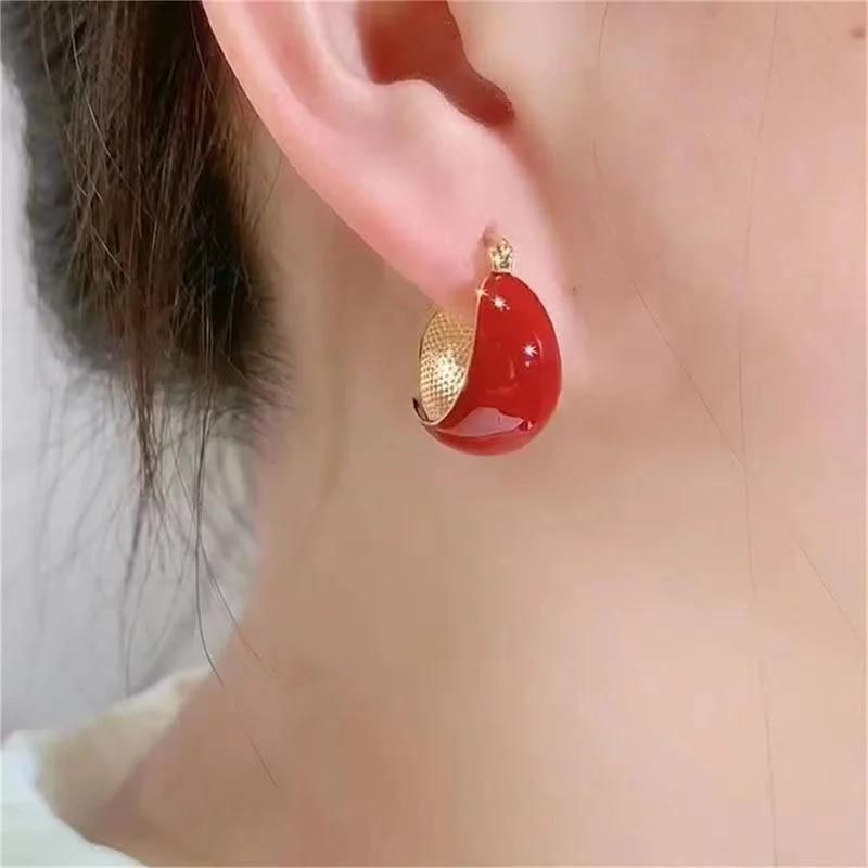 Vintage Hoop Women's Earrings with Golden Hoops In Wine Red Dripping Oil