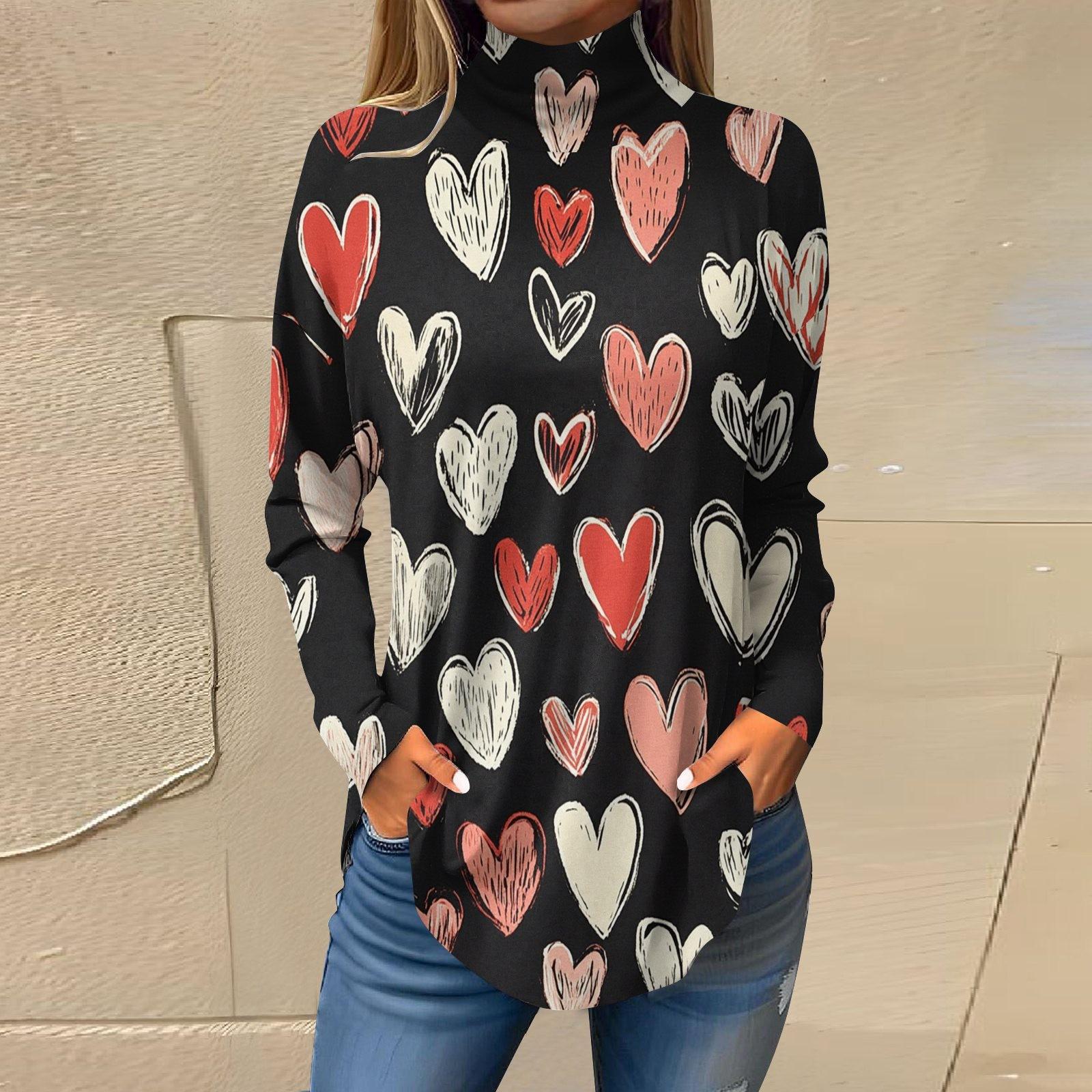 

Футболки для женщин, осенние повседневные рубашки с длинным рукавом, толстовка с принтом, топ с высоким воротом, пуловер XXL чёрный