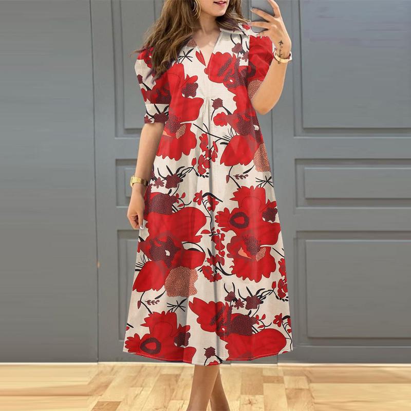 

ZANZEA Women Summer V-Neck Casual Short Sleeve Print Dress 3XL червоний