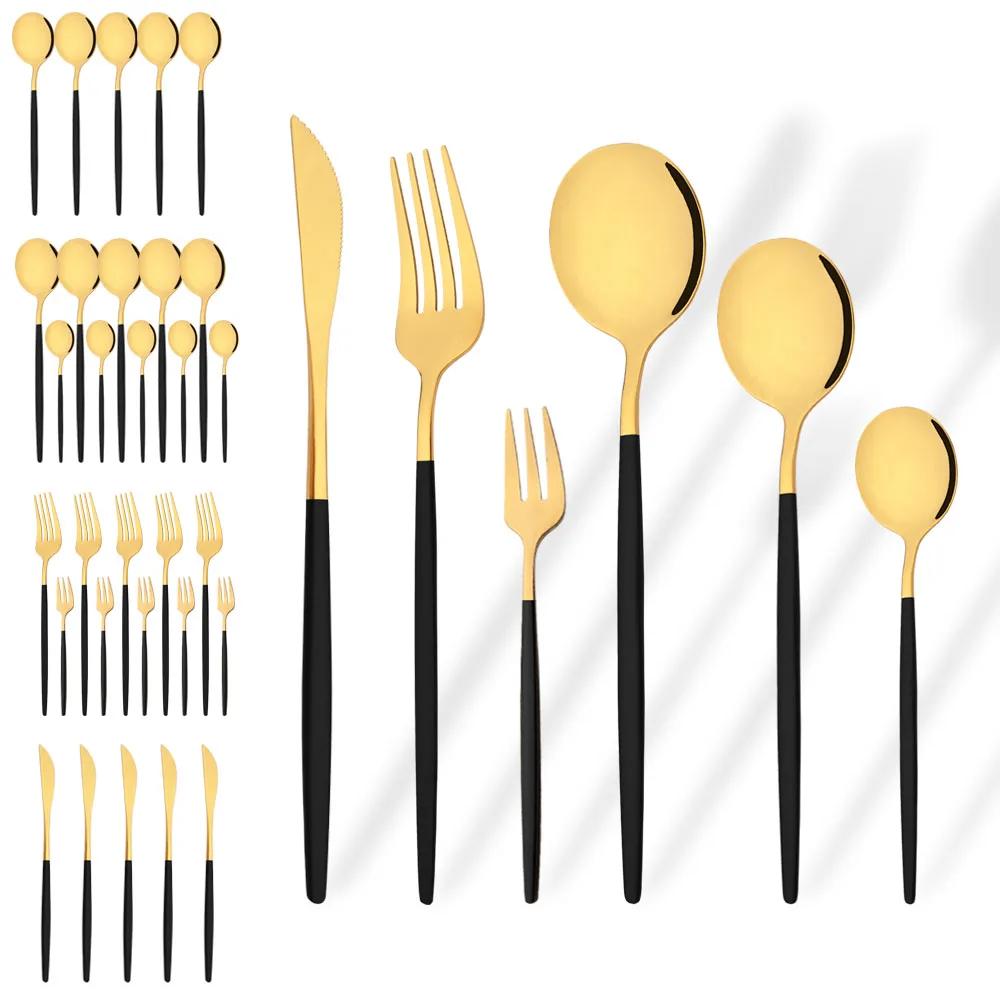 36Pcs Black Cutlery Set Stainless Steel Flatware Mirror Knife Cake Fork Tea Spoon Western Dinnerware Set Luxury Tableware Set
