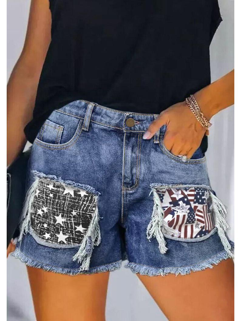 European & American Patchwork Ripped Snowflake Denim Shorts - Women s Slim Fit Large