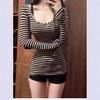 Pure Desire Striped Deep V-neck Horn Sleeves Korean Pure Desire Temperament Spice Girl Slim and Thin Long-sleeved T-shirt Women's Top