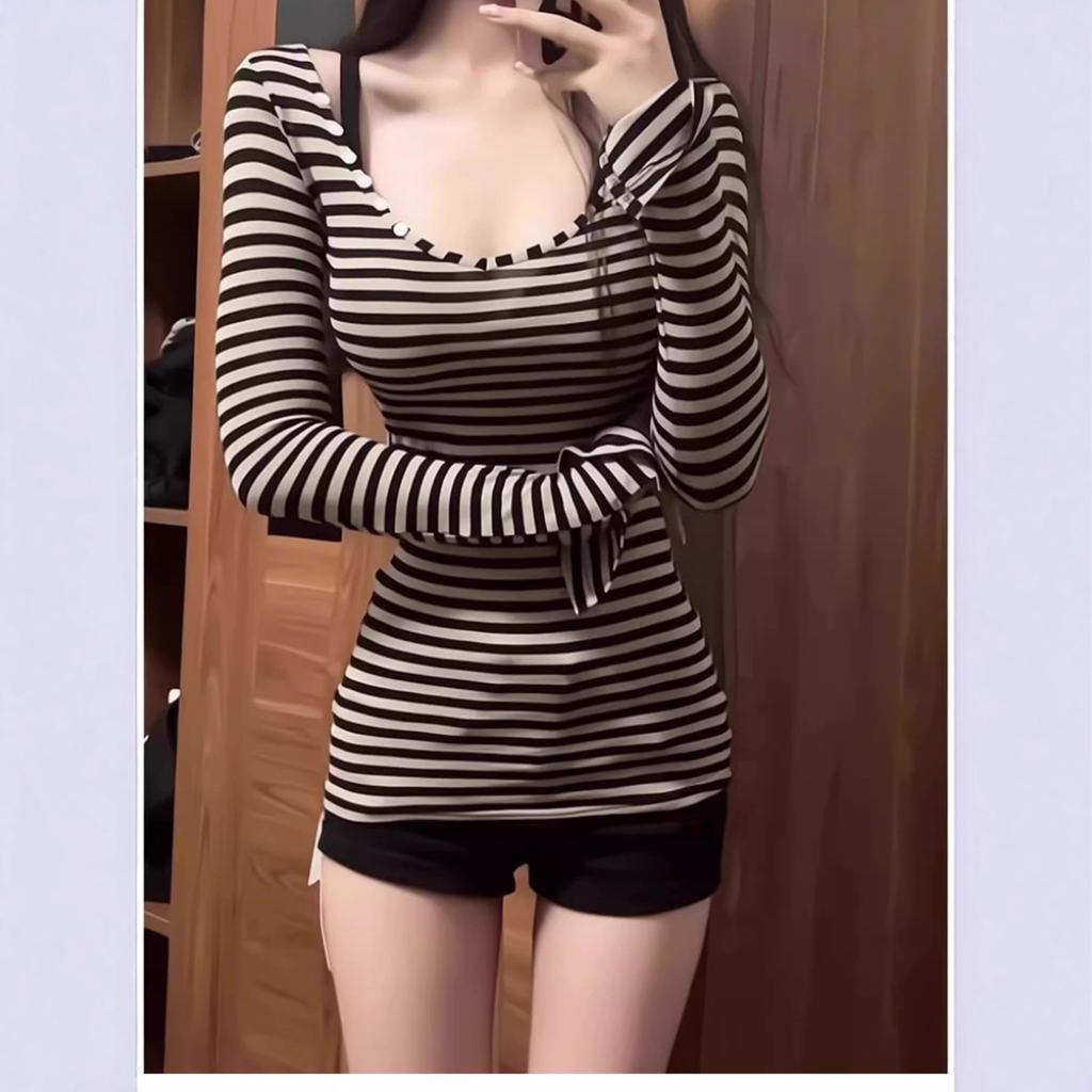 Pure Desire Striped Deep V-neck Horn Sleeves Korean Pure Desire Temperament Spice Girl Slim and Thin Long-sleeved T-shirt Women's Top