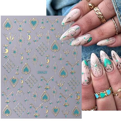 Sticker Métallique pour Ongles Style Bohème Or Argent Lignes Dentelle Cœur d'Amour 3D Holographique Sliders Manucure Décoration Ongles
