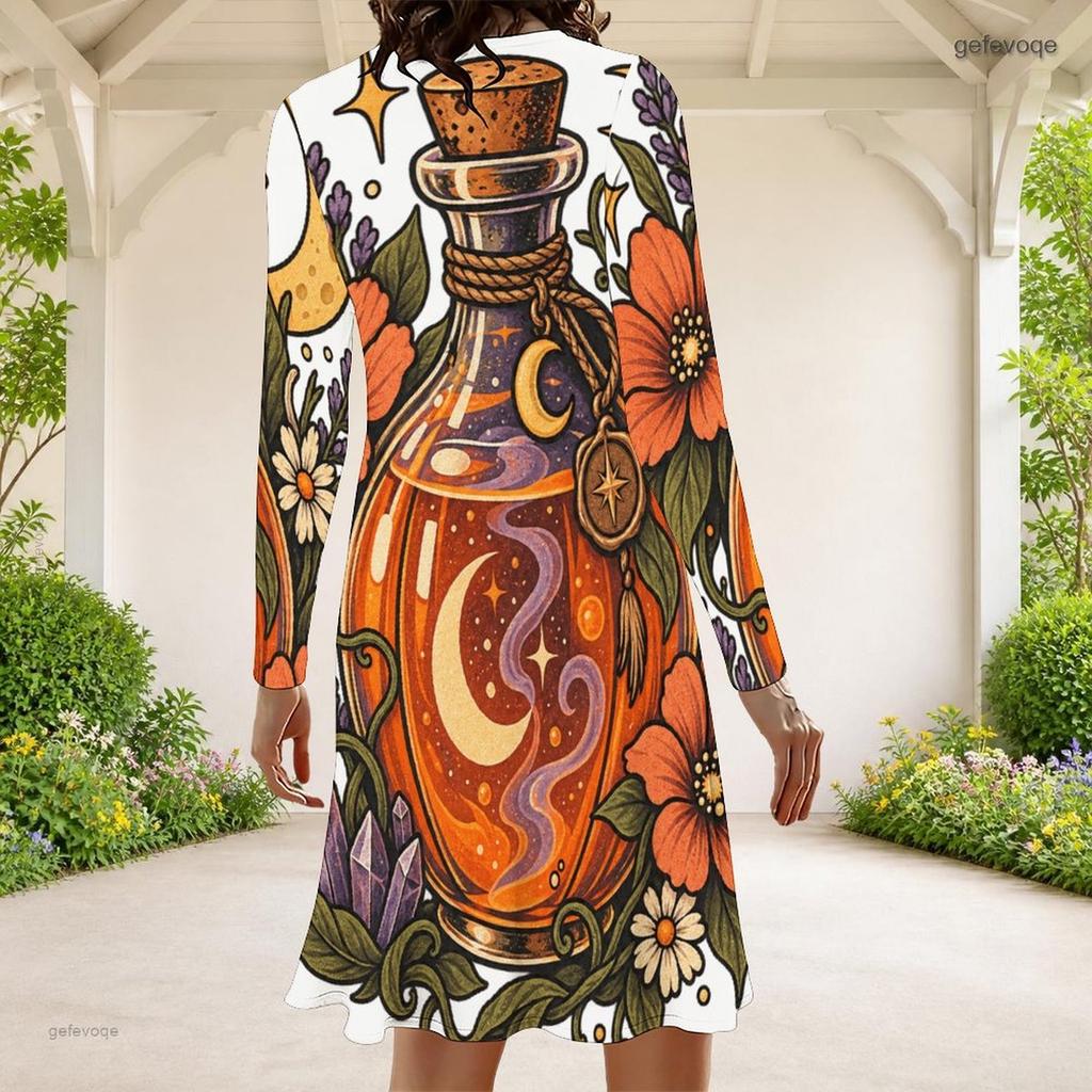 Women Plus Size Round Neck Long Sleeve A Line Flared Dress White Halloween Ghost Pumpkin Printed